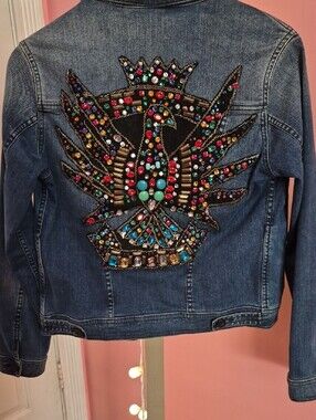 Vintage Late 90s-2000s Ginebra Privé  Blue Denim Jacket With Beaded Peacock